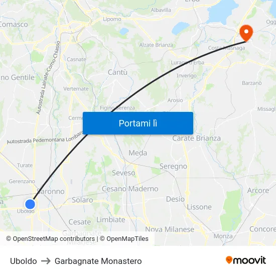 Uboldo to Garbagnate Monastero map
