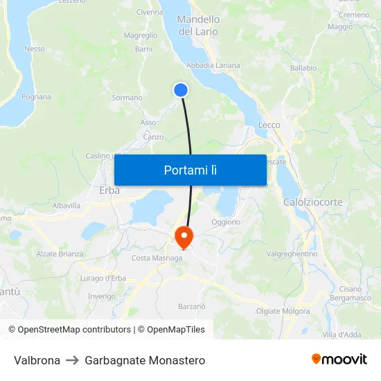 Valbrona to Garbagnate Monastero map