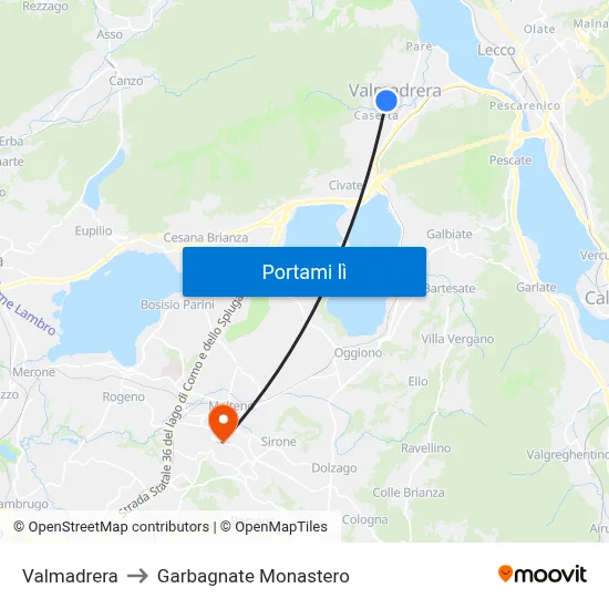 Valmadrera to Garbagnate Monastero map