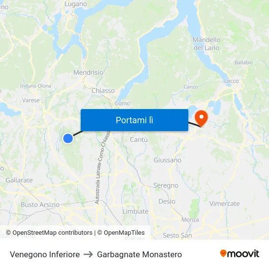 Venegono Inferiore to Garbagnate Monastero map