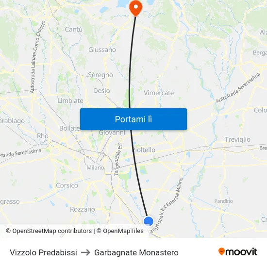 Vizzolo Predabissi to Garbagnate Monastero map