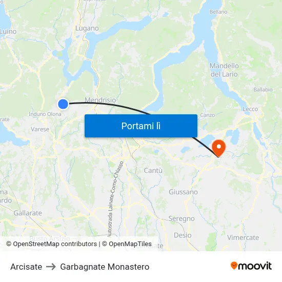 Arcisate to Garbagnate Monastero map