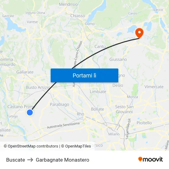 Buscate to Garbagnate Monastero map
