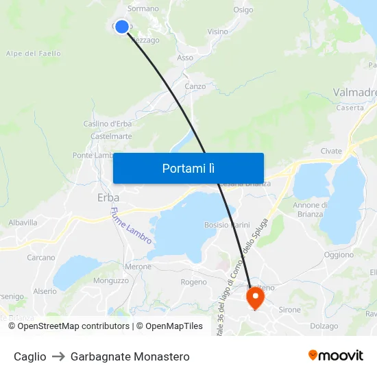 Caglio to Garbagnate Monastero map