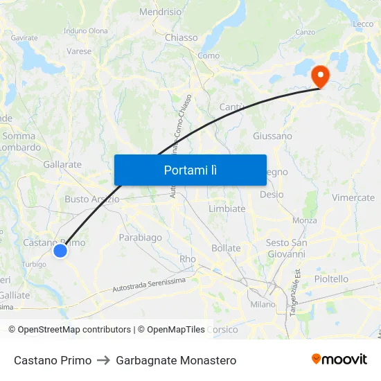 Castano Primo to Garbagnate Monastero map