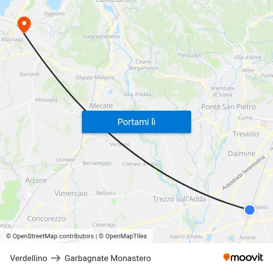 Verdellino to Garbagnate Monastero map