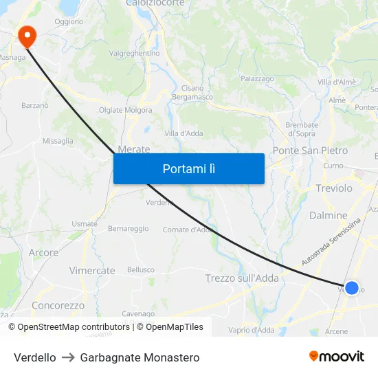 Verdello to Garbagnate Monastero map