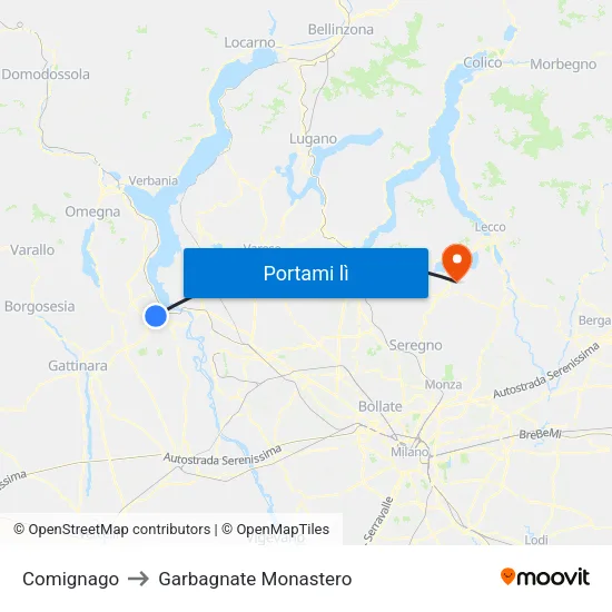 Comignago to Garbagnate Monastero map