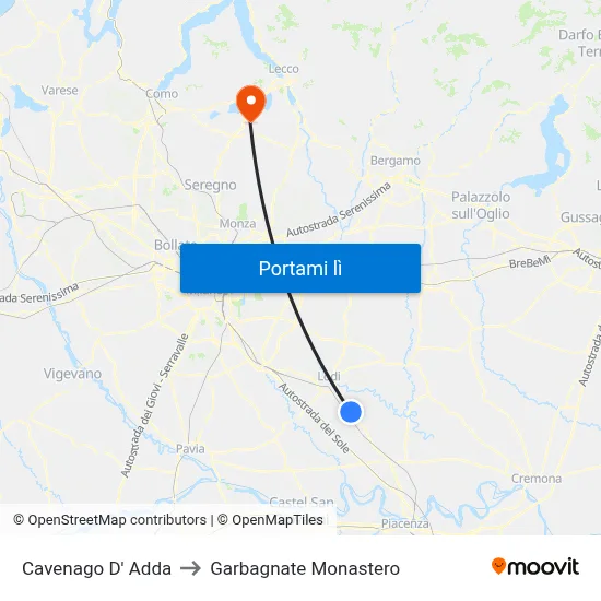 Cavenago D' Adda to Garbagnate Monastero map