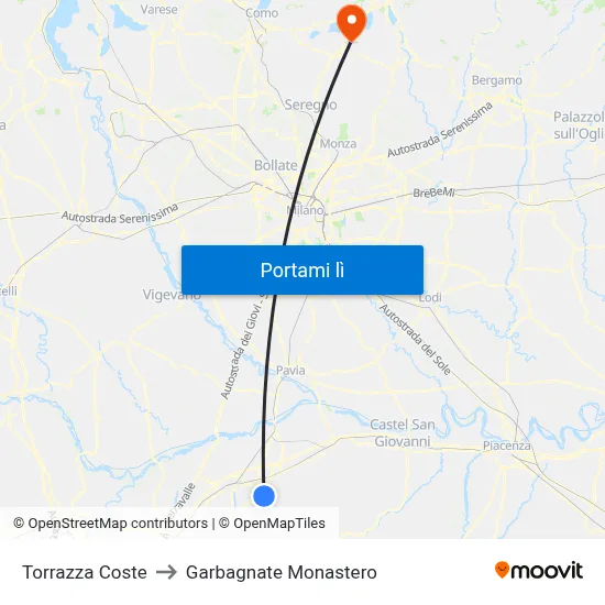 Torrazza Coste to Garbagnate Monastero map