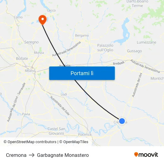 Cremona to Garbagnate Monastero map