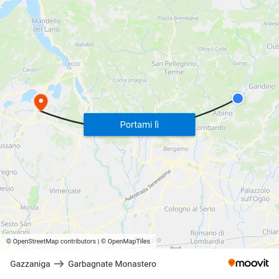 Gazzaniga to Garbagnate Monastero map