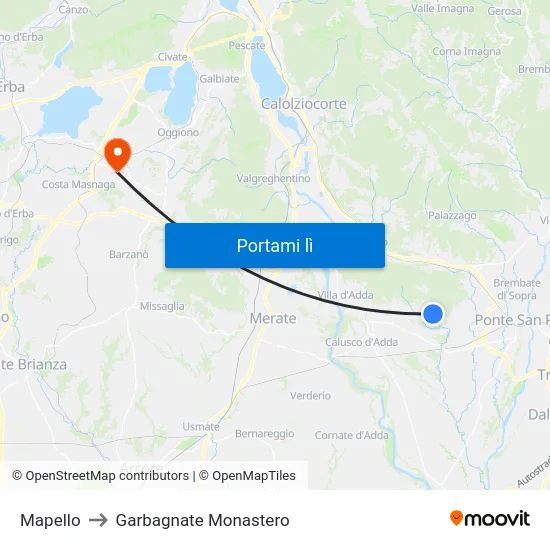 Mapello to Garbagnate Monastero map