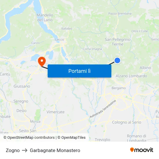 Zogno to Garbagnate Monastero map