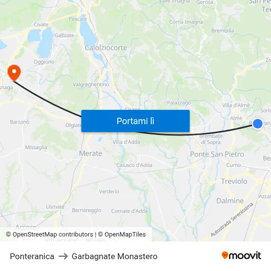 Ponteranica to Garbagnate Monastero map