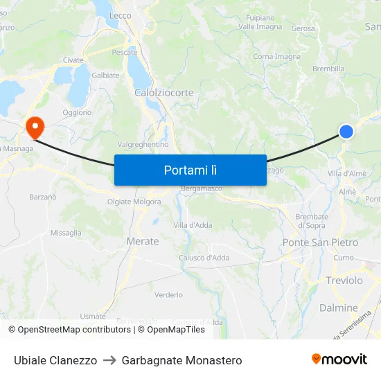 Ubiale Clanezzo to Garbagnate Monastero map