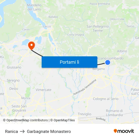 Ranica to Garbagnate Monastero map