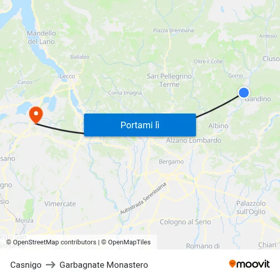 Casnigo to Garbagnate Monastero map