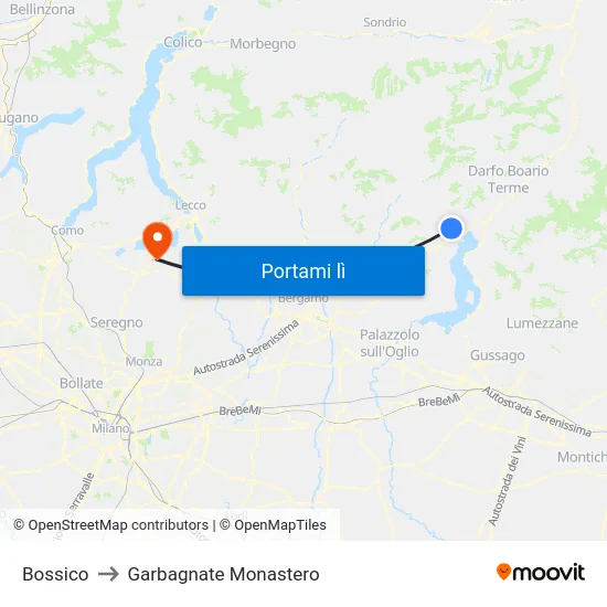 Bossico to Garbagnate Monastero map