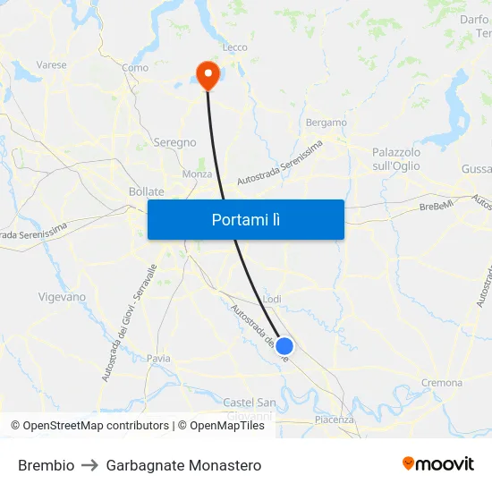 Brembio to Garbagnate Monastero map