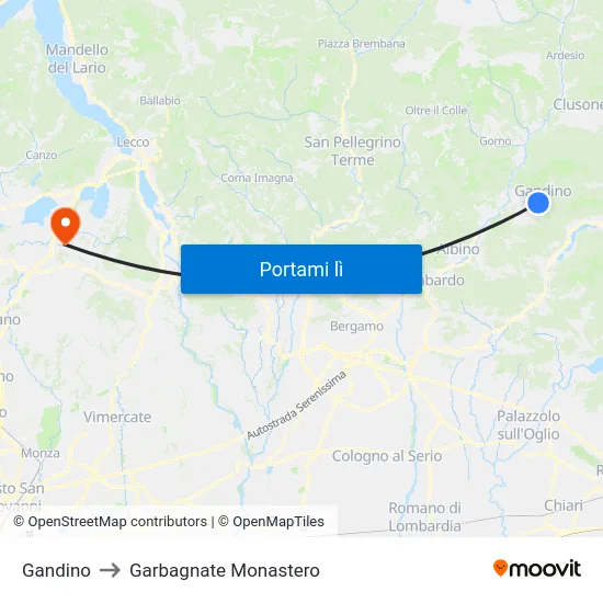 Gandino to Garbagnate Monastero map