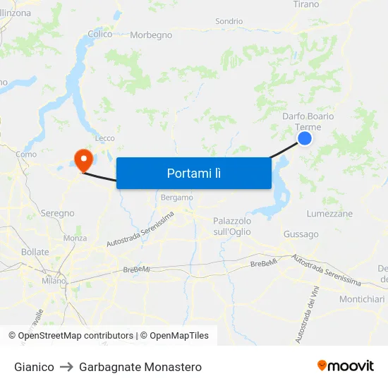 Gianico to Garbagnate Monastero map