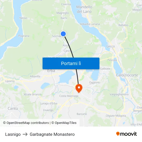 Lasnigo to Garbagnate Monastero map