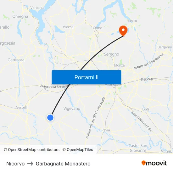 Nicorvo to Garbagnate Monastero map