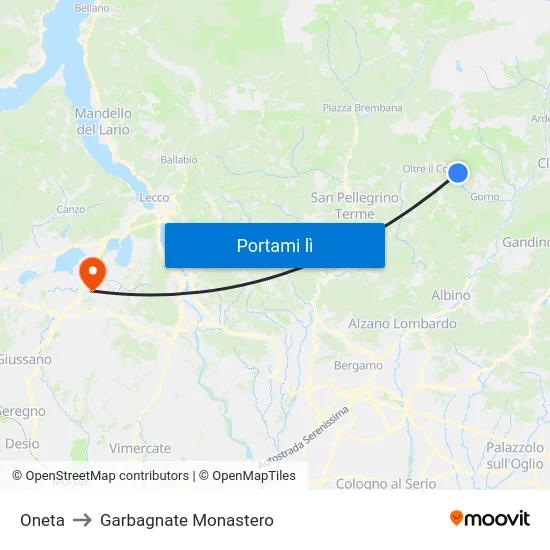 Oneta to Garbagnate Monastero map
