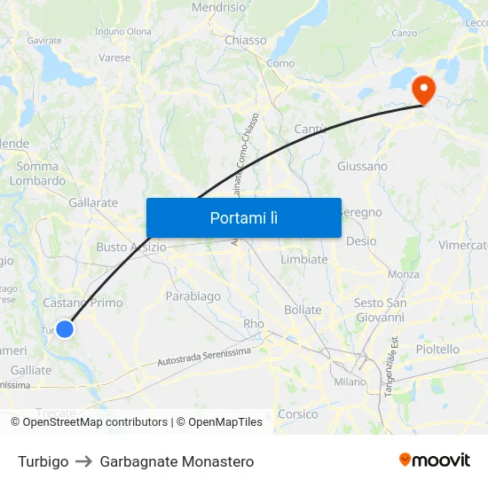 Turbigo to Garbagnate Monastero map