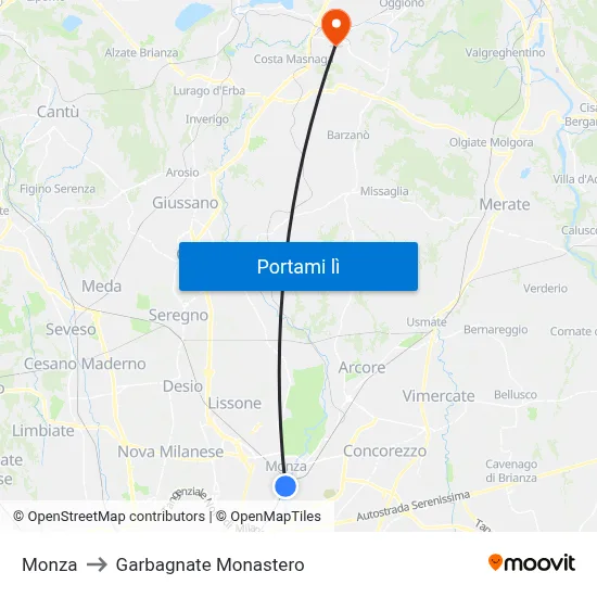 Monza to Garbagnate Monastero map