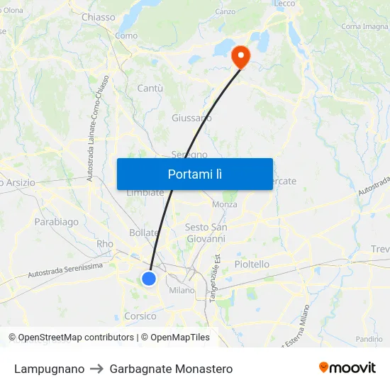 Lampugnano to Garbagnate Monastero map