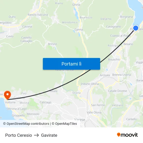 Porto Ceresio to Gavirate map