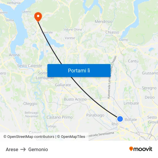 Arese to Gemonio map