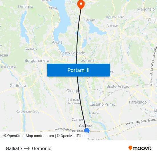 Galliate to Gemonio map
