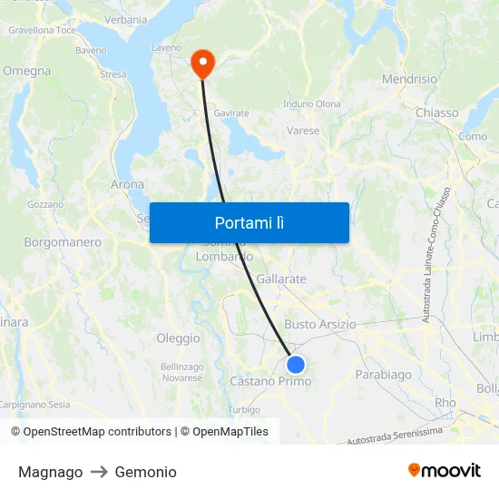 Magnago to Gemonio map