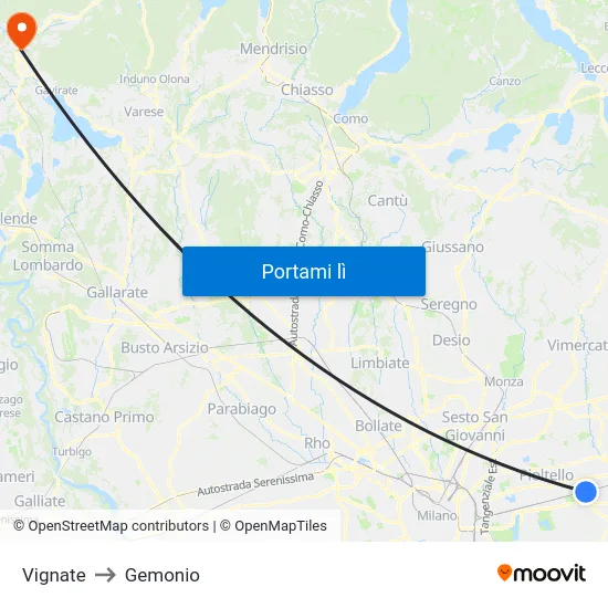 Vignate to Gemonio map