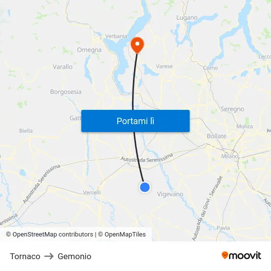 Tornaco to Gemonio map