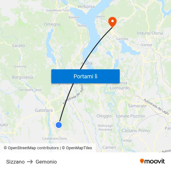 Sizzano to Gemonio map