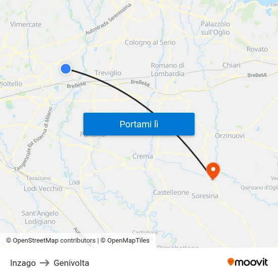 Inzago to Genivolta map