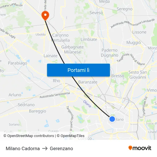 Milano Cadorna to Gerenzano map