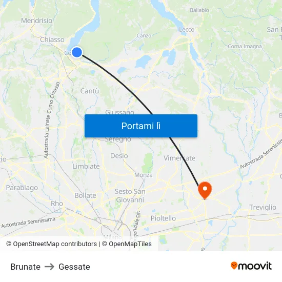 Brunate to Gessate map