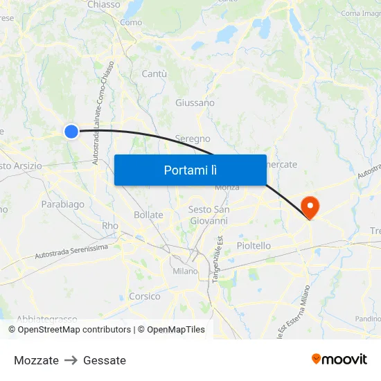 Mozzate to Gessate map