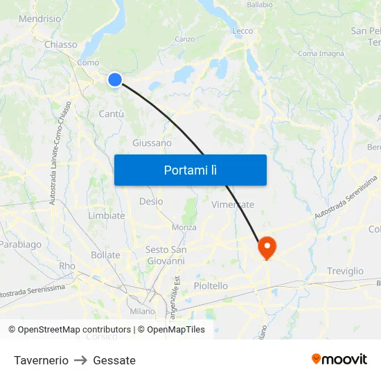 Tavernerio to Gessate map