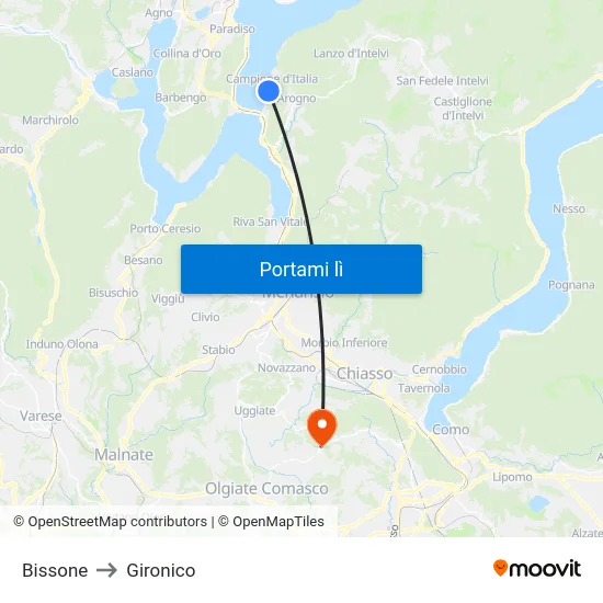 Bissone to Gironico map