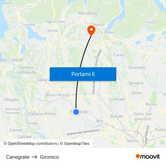 Canegrate to Gironico map