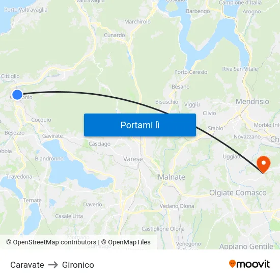 Caravate to Gironico map