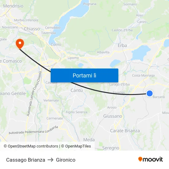 Cassago Brianza to Gironico map