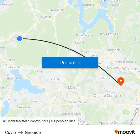 Cuvio to Gironico map