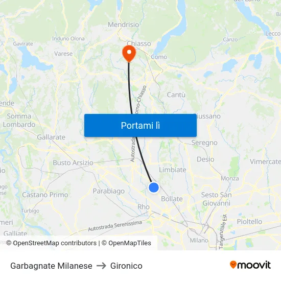 Garbagnate Milanese to Gironico map